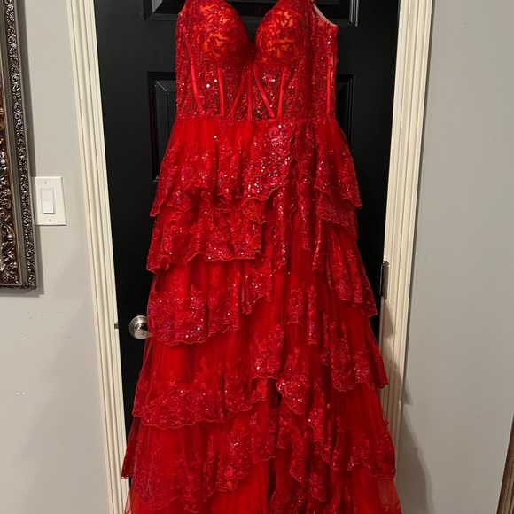 Sherri Hill Dresses & Skirts - Off Shoulder, Sheer Corset Bodice, Sequin Lace, V-Back, High Slit, Court Train